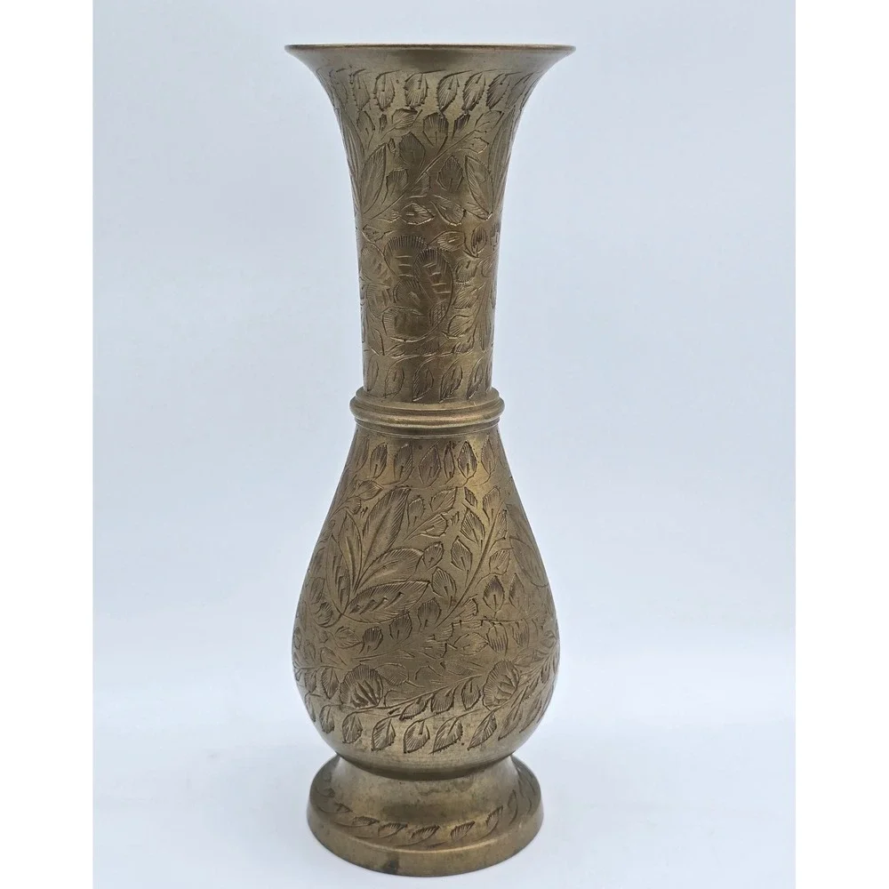Vintage Etched Brass Vase Floral Hand Engraved Made in India 8.5 Inch Boho Decor